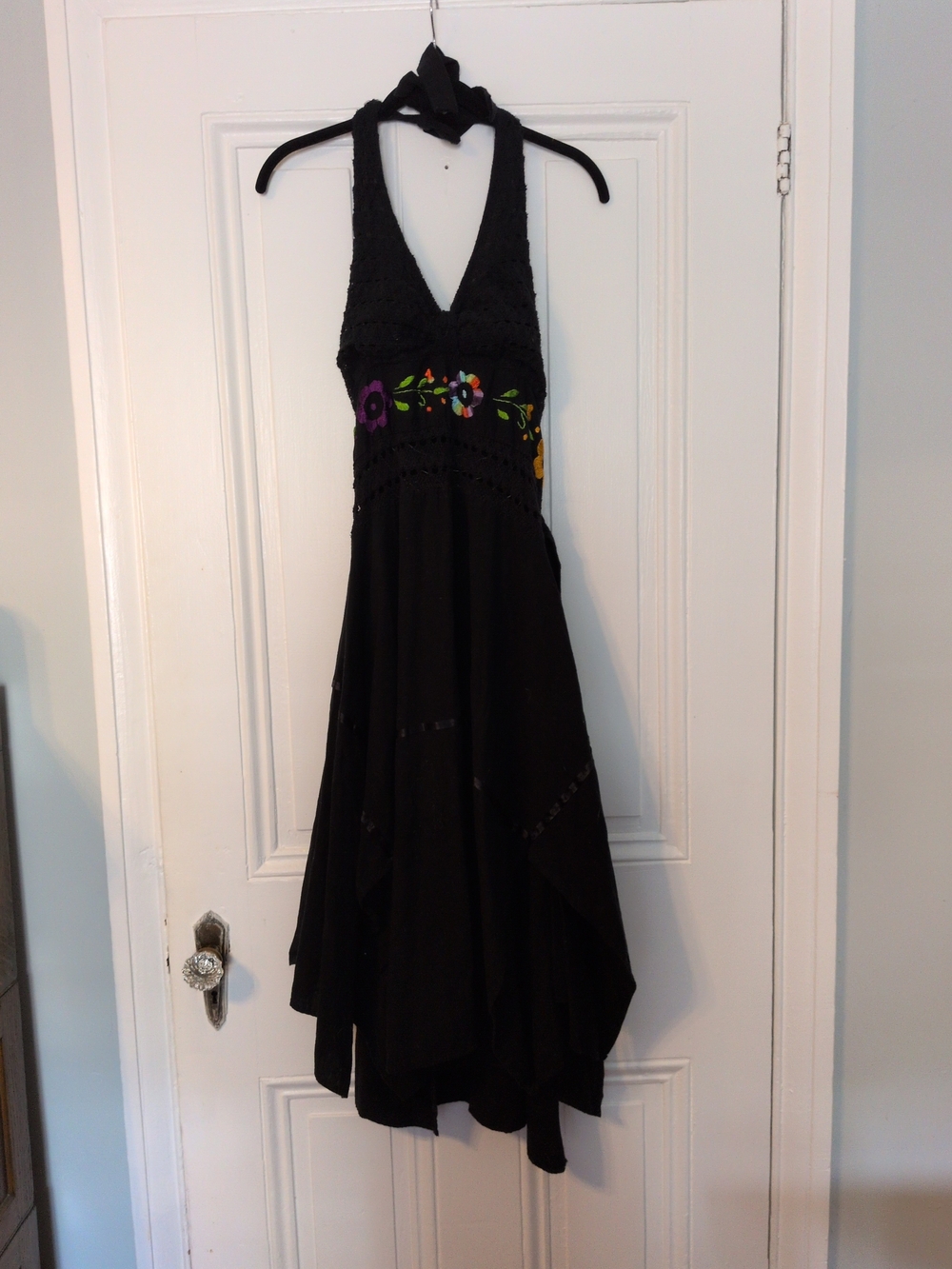 Black Halter Maxi Dress with Colorful Floral Embroidery